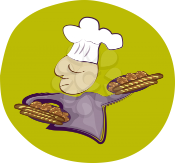 Royalty Free Clipart Image of a Baker With a Hat Holding Baked Goods