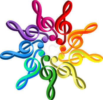 Royalty Free Clipart Image of a Spectrum of Treble Clefs in a Pattern
