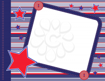 Royalty Free Clipart Image of a Rectangular Frame on a Striped Background With Buttons, Stitching and Stars