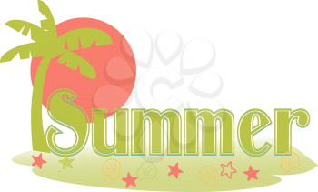 Royalty Free Clipart Image of Seasonal Summer Type With a Beach Scene and Sunset Background