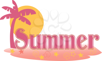 Royalty Free Clipart Image of Seasonal Summer Type With a Beach Scene and Sunset Background