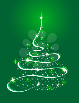 Royalty Free Clipart Image of a Christmas Tree Made of Stars and Ribbon