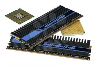 Computer accessories, central processors and memory, isolated, hyper DoF.