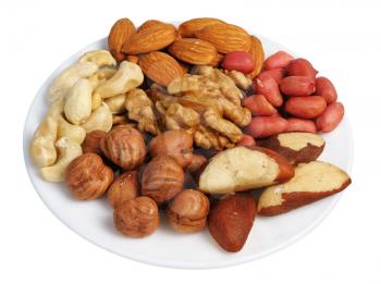 Royalty Free Photo of Mixed Nuts on a White Plate on a White Background