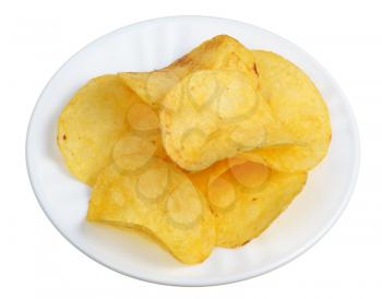 A few slices of potato chips in a white plate, isolated