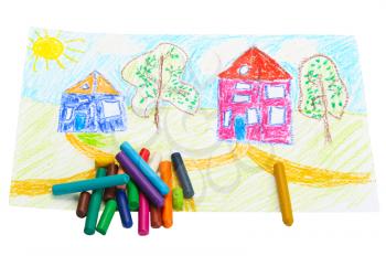 Royalty Free Photo of a Child's Drawing and Crayons