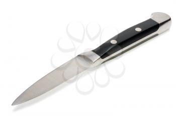 small forged kitchen knife with a black handle, isolated on a white background