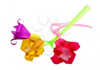 Bouquet of paper flowers made by a child for her mother, isolated on a white background.