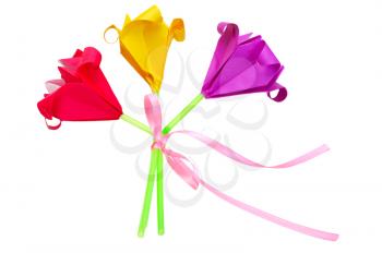 Bouquet of paper flowers made by a child for her mother, isolated on a white background.
