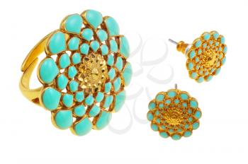 Jewellery, yellow ring and earrings with blue floral ornament