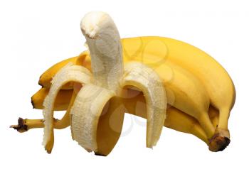 four yellow bananas on a white background, isolated.