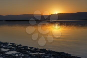 Royalty Free Photo of a Landscape of the Dead Sea Shortly Before Dawn and the Jordanian Mountains in the Background