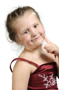 Royalty Free Photo of a Little Girl in a Red Dress With Her Finger at Her Cheeks