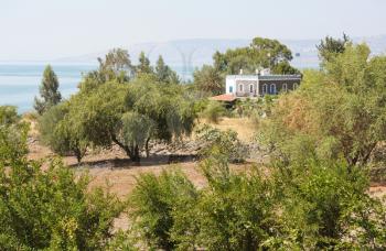Royalty Free Photo of the Sanctuary of the Primacy of Peter (Franciscans) on the Shore of Lake Kinneret