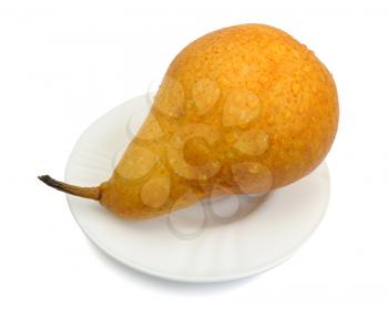 Pear on a white plate on a white background, isolated