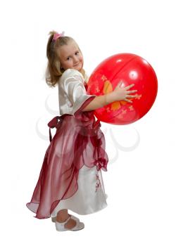 Royalty Free Photo of a Little Girl in a Fancy Dress With a Red Balloon