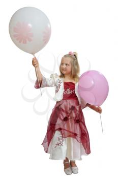 Girl in a smart dress holding a balloons.