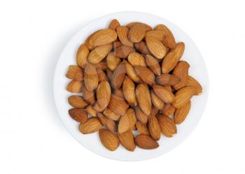 Almonds in a plate on white background, isolated