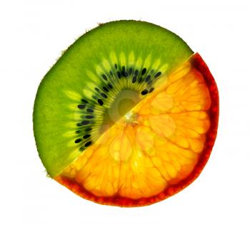 Thin slices of kiwi and mandarin on white background, isolated