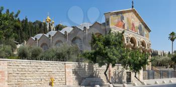 Royalty Free Photo of a Panorama of the Church of All Nations in Jerusalem and the Dome of the Church of Mary Magdalene in the Background