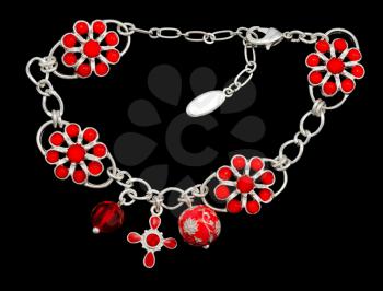 Royalty Free Photo of a Bracelet With Red Flowers on a Silver Chain