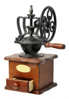 Antique hand-mill for coffee, isolated on a white background.