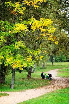 Royalty Free Photo of a Park at the Beginning of Autumn With a Person and a Pram