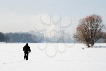 Royalty Free Photo of a Person Walking a Dog in Winter