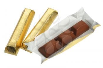 Bars of chocolate in gold foil, isolated on a white background