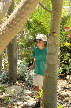 Boy among tropical plants in the Ein Gedi botanical garden