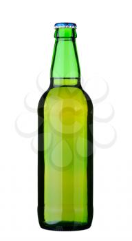 Bottle of lager beer from green glass, isolated on a white background.