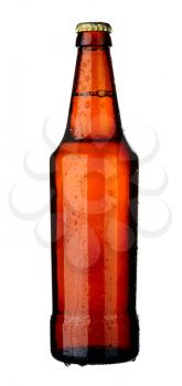 Bottle of lager beer from brown glass, isolated on a white background.