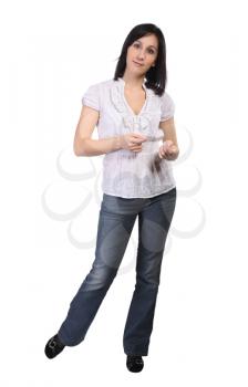 Girl in a white blouse, isolated on a white background.