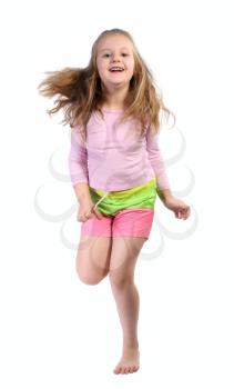 jumping girl with long blond hair and bright clothes, isolated on a white background.