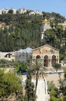 Mount of Olives, Church of All Nations and Church of Mary Magdalene, view from the walls of Jerusalem.