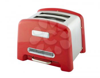 Kitchen appliances - toaster of silver and red color, isolated on a white background