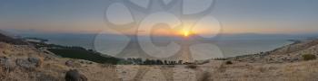 Panorama of Lake Kinneret at sunset from the slopes of the Golan Heights (Israel) 