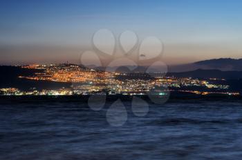 Tiberias city lights late at night on the Sea of Galilee