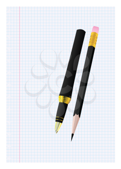 Royalty Free Clipart Image of a Pen and Pencil on a Piece of Paper
