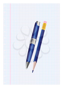Royalty Free Clipart Image of a Pen and Pencil on a Piece of Paper