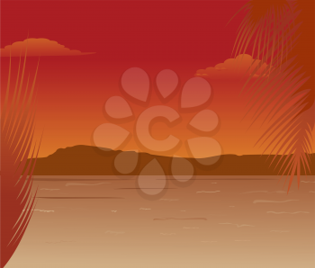 Illustration sea landscape with mountains sunset - vector