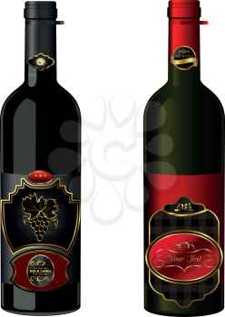 Illustration of wine bottles with attached vintage labels isolated on white background - vector