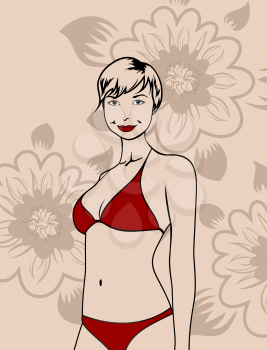 Illustration girl in red bikini on a floral background - vector