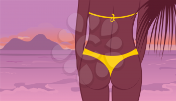Illustration buttocks of young girl at sunset on beach - vector