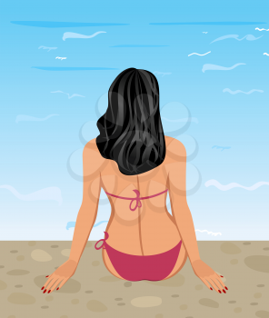 Illustration pretty girl sitting on coast - vector