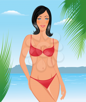 Illustration bikini girl on the beach  - vector