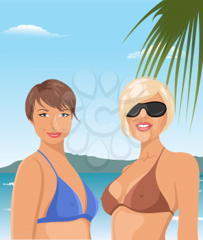 Illustration two girls on the beach - vector