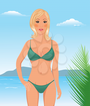 Illustration pretty blond girl on  beach - vector