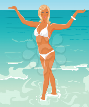 Illustration pretty blond girl on beach - vector