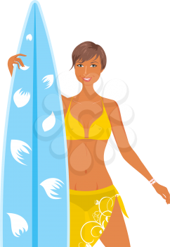 Illustration cool girl in yellow swimsuit with surfboard in her hand, isolated - vector